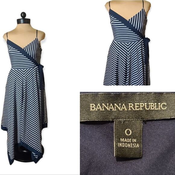 Banana Republic Blue White Striped Hankerchief Hem Dress Size 0 - Picture 3 of 10